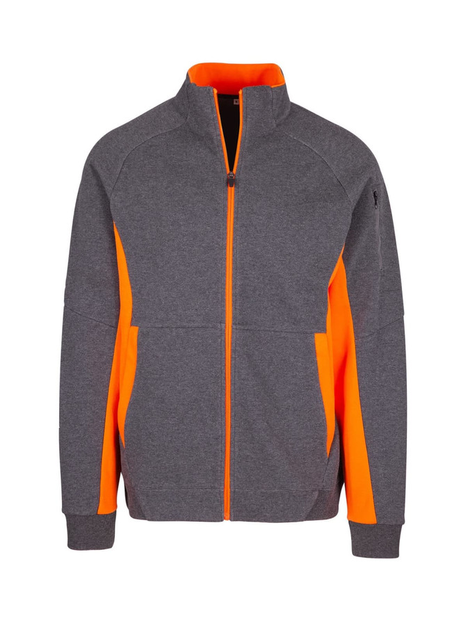 A grey jacket with orange accents, featuring a zip front and a logo on the side.