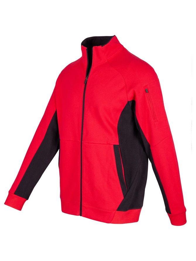 A red and black men's jacket with a zip front and side pockets, featuring a logo on the sleeve.