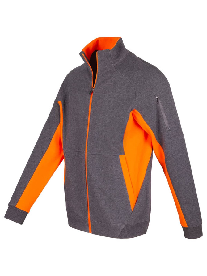 Men's jacket in grey with bright orange accents, featuring a zip front and side pockets. Includes a logo.