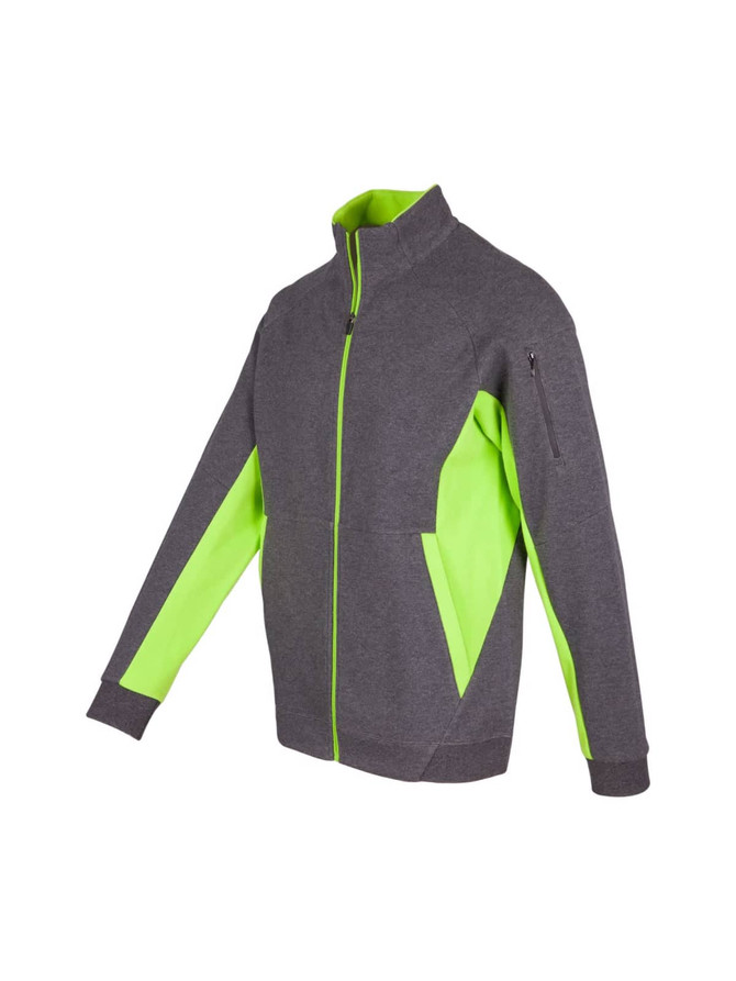 A grey jacket featuring bright green accents, with a zip closure and pockets, including a zippered chest pocket.