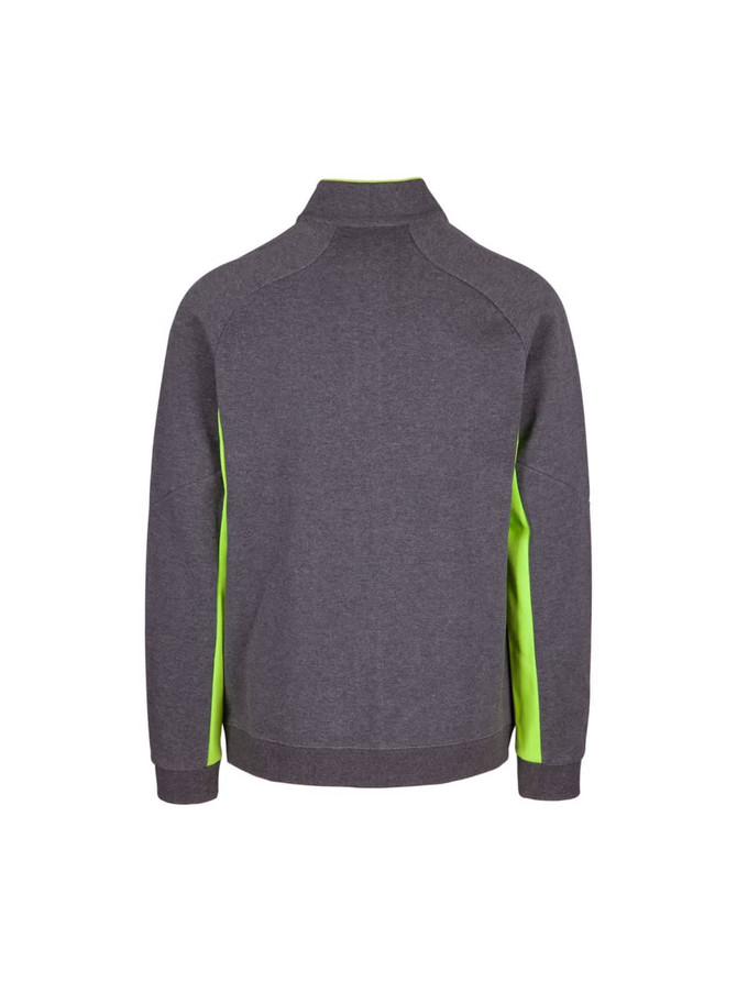 A men's jacket in grey with bright green side panels, featuring a high collar and a logo.