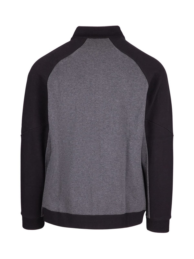 A men's jacket featuring a grey body with black sleeves and a collar, designed with a simple, modern look.