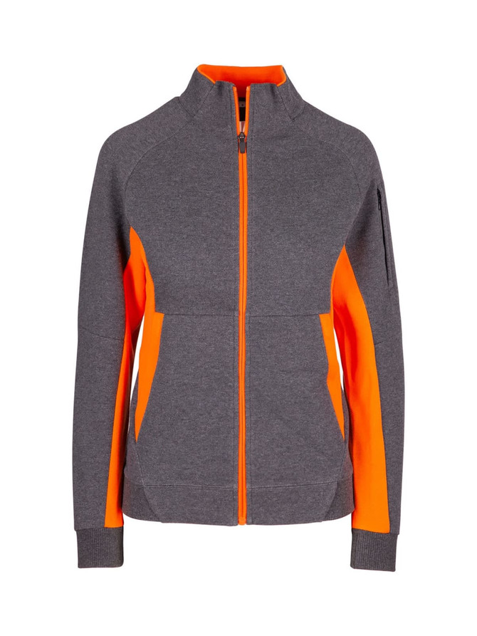 A women's jacket featuring a grey body with vibrant orange accents and a zippered front. It has a logo on the side.