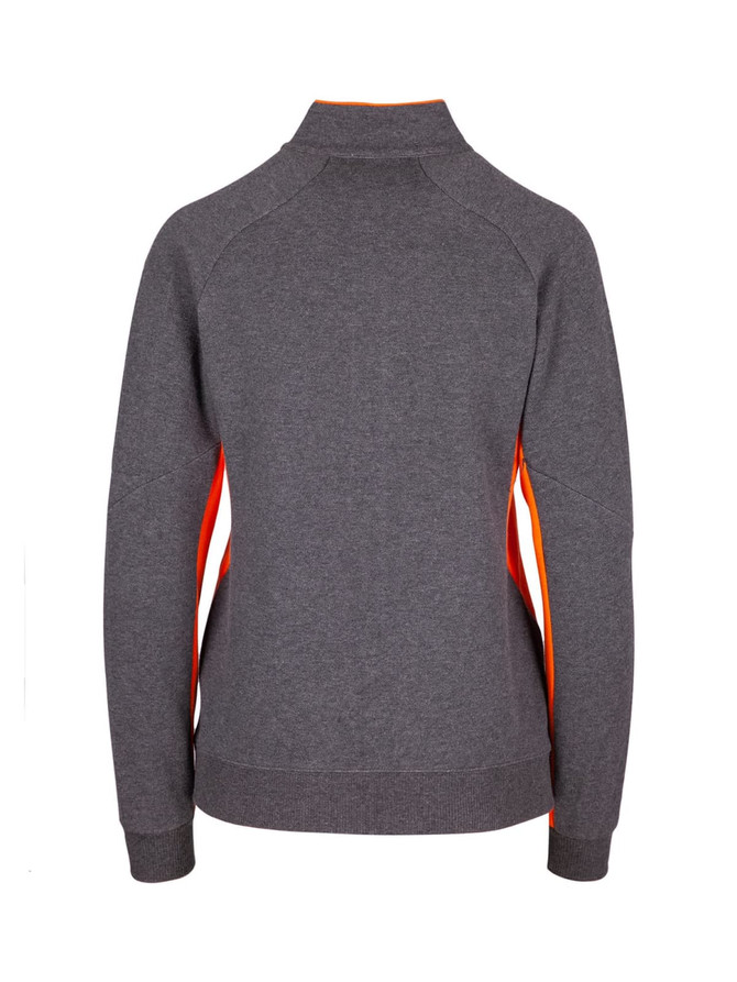 A grey women's jacket with orange accents, featuring a high collar and fitted design, includes a logo.