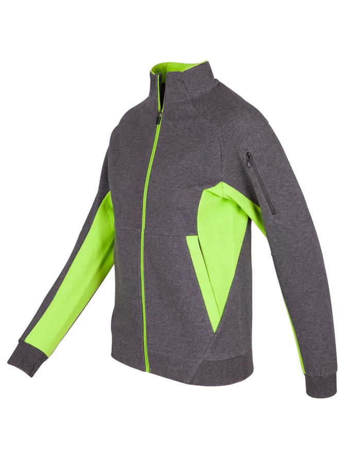 A grey jacket with bright green accents, featuring a zip front and side pockets. It includes a logo.