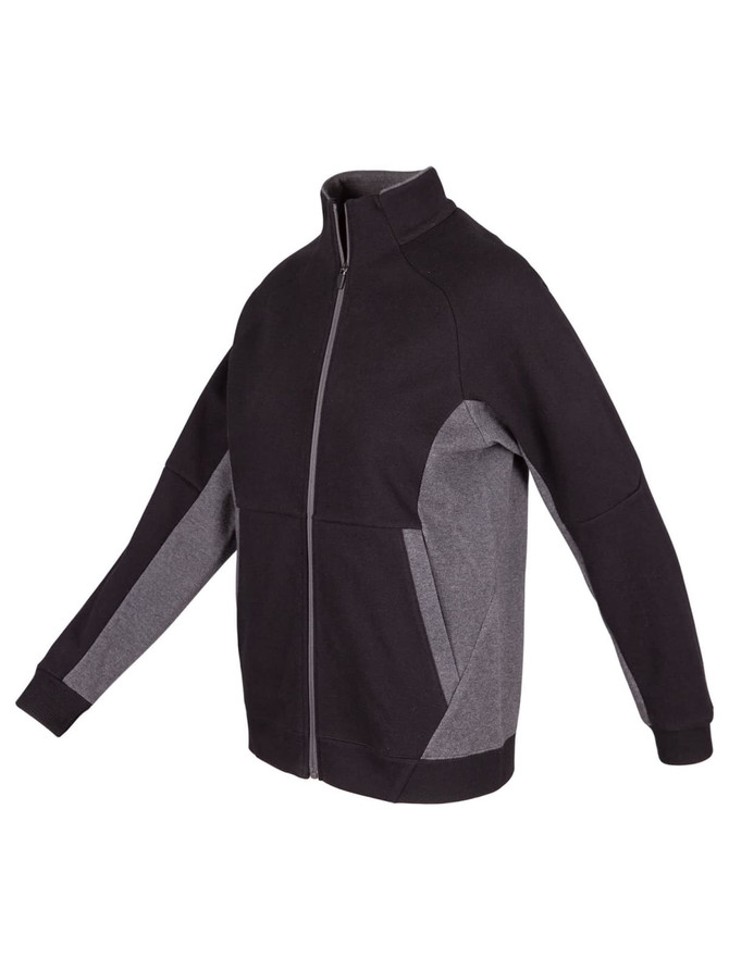 A black and grey women's jacket featuring a zip front, side pockets, and a high collar. It has a logo.
