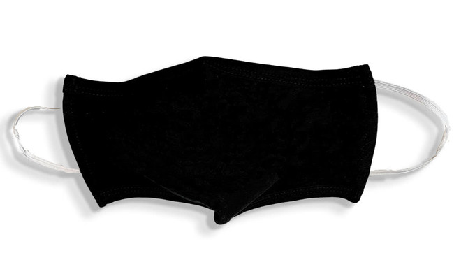 A black 100% cotton face mask with white ear straps and a simple design, featuring a logo.