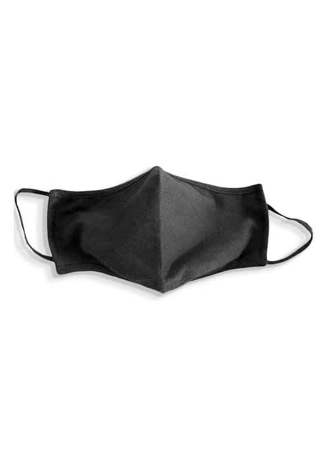 A black cotton face mask with ear loops and a simple design, featuring a logo.