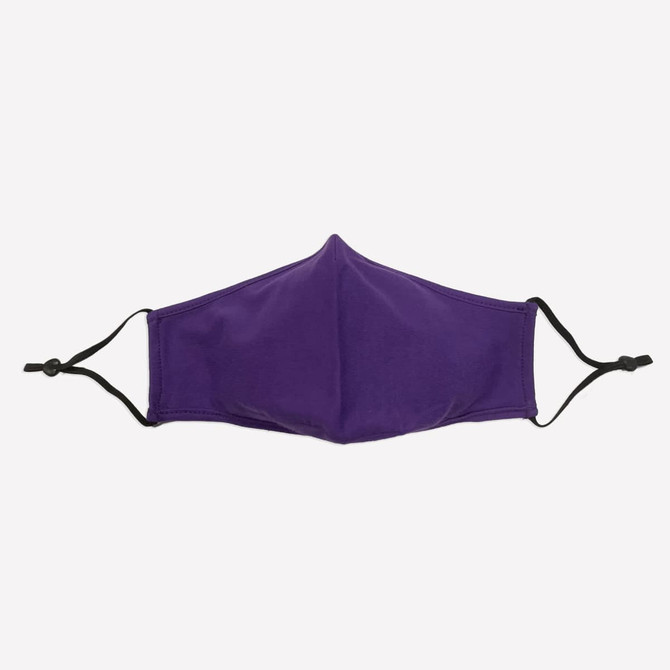A purple face mask made of 100% cotton with adjustable toggles. The mask features a logo on one side.