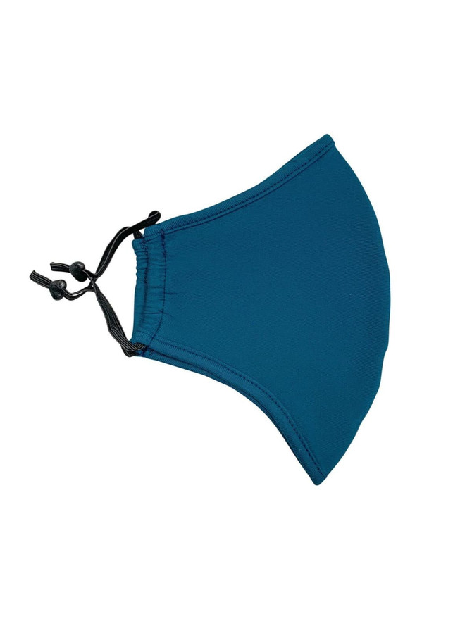 A teal face mask made from 100% cotton with an adjustable toggle for a secure fit.