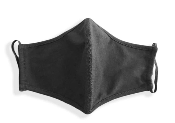 A dark grey face mask made from 100% cotton with middle seam design and ear loops. It features a logo.