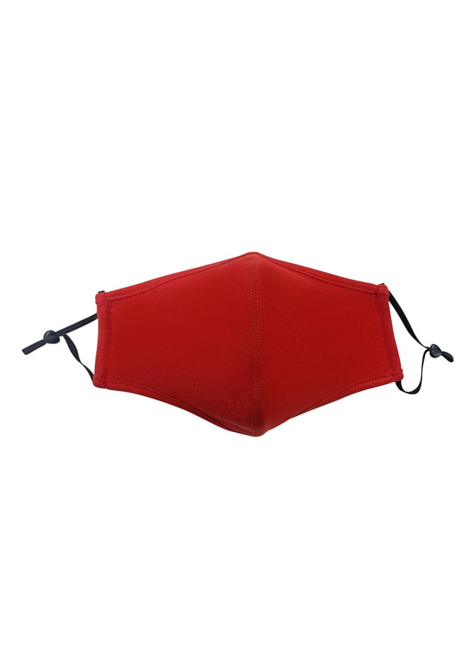 A red cotton face mask with a middle seam and adjustable toggles, featuring a logo on the side.