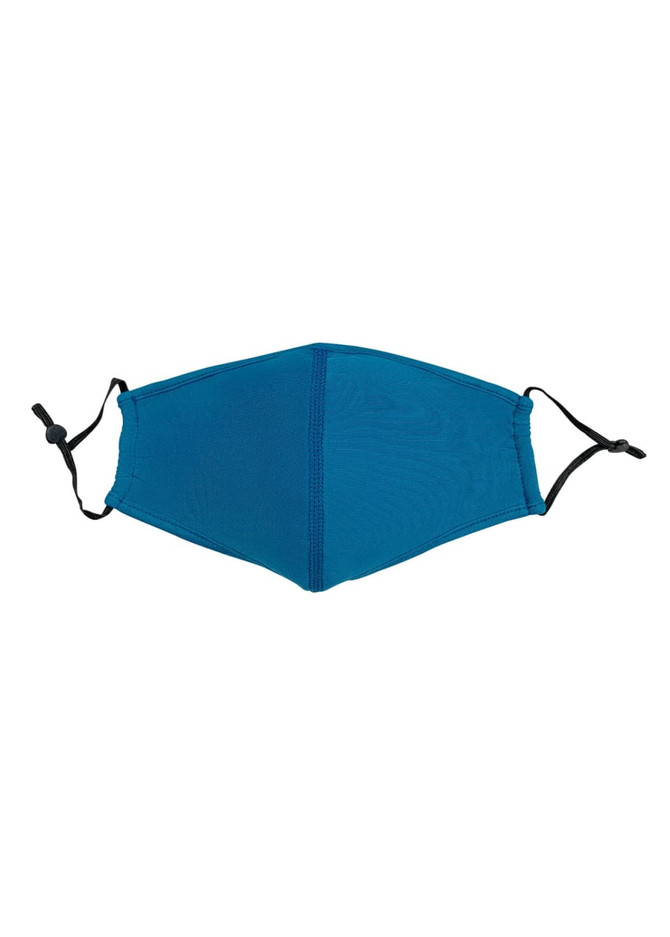 A blue cotton face mask with an adjustable toggle and middle seam design, featuring a logo.