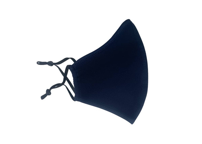 A navy cotton face mask with adjustable toggle, featuring a middle seam design. It includes a logo.