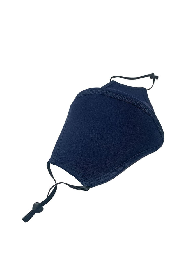 A navy blue cotton face mask with a middle seam and adjustable toggle for a secure fit.