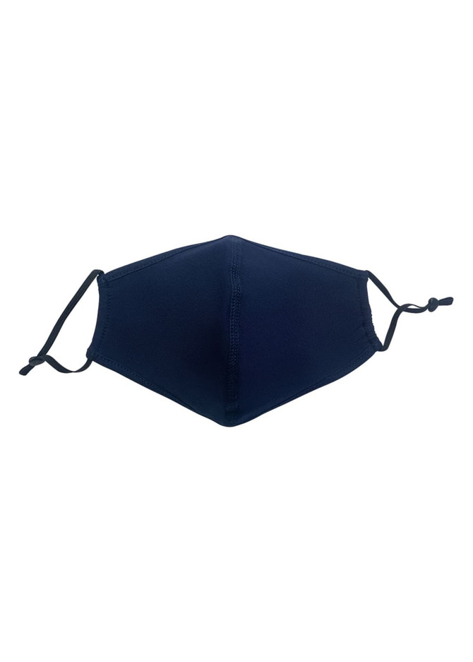 A navy blue middle seamed cotton face mask with adjustable toggle, featuring a logo.