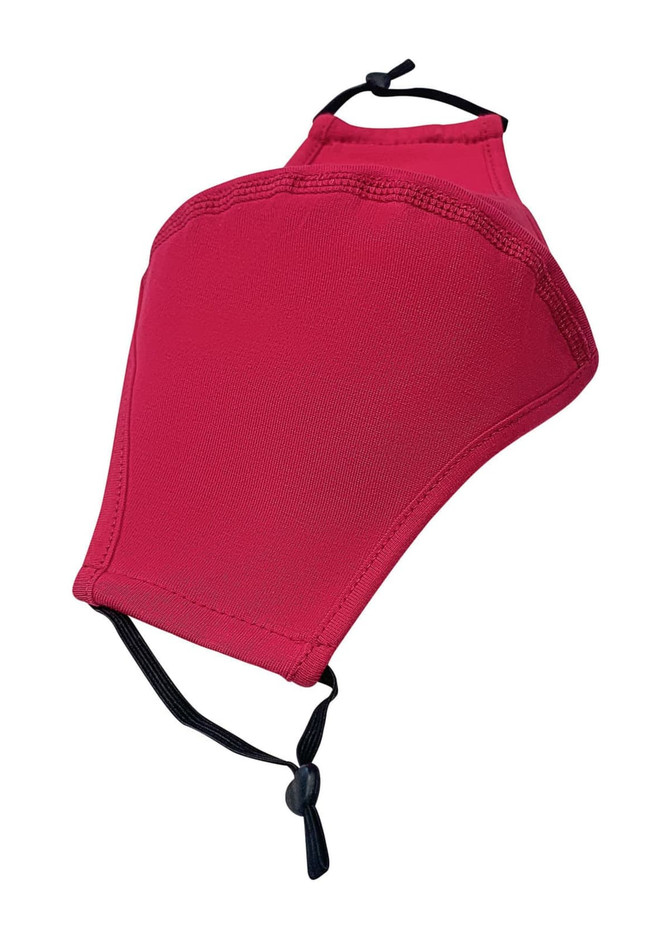 A red cotton face mask with a middle seam and adjustable toggle for a secure fit. Features a logo.