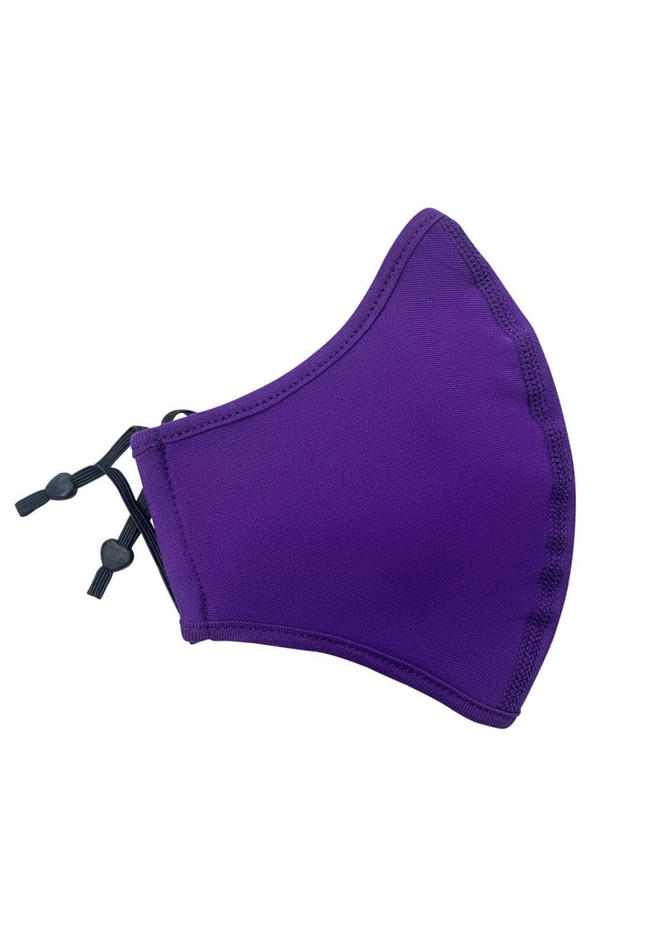 A purple cotton face mask with an adjustable toggle and a seam design. It features a logo on one side.