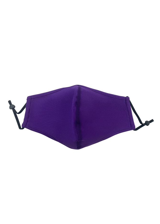 A purple cotton face mask with adjustable toggle ear straps and a seam in the middle, featuring a logo.