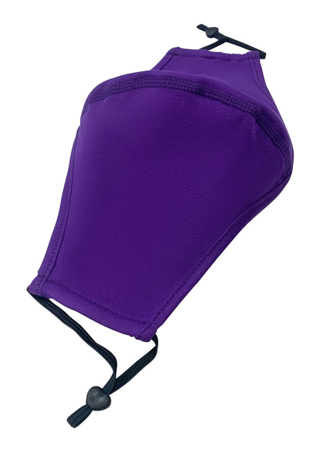 A purple middle-seamed cotton face mask with an adjustable toggle. The mask features a sleek design and stitching details.
