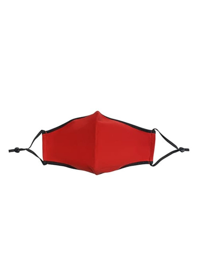 A red cotton face mask with adjustable toggles and black accents. The mask features a logo.