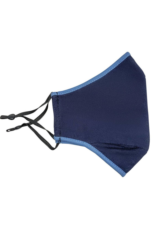 A navy blue cotton face mask with adjustable toggles, featuring a contrasting lighter blue trim.