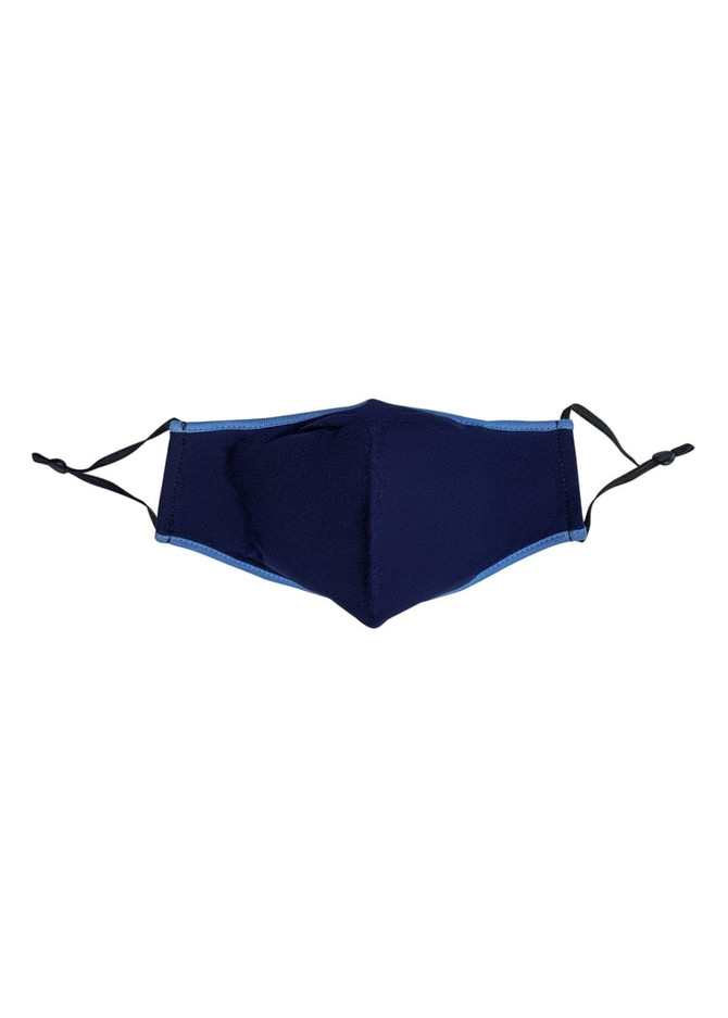A cotton face mask in navy blue with light blue accents and adjustable toggles. Features a logo.