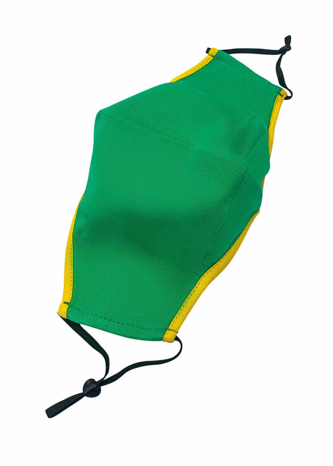 A green face mask with yellow trim and adjustable toggle, suitable for personal use.