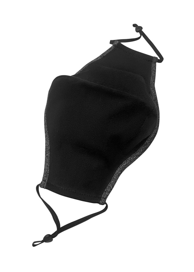 A black cotton face mask with adjustable toggle and grey detailing, featuring elastic ear straps.