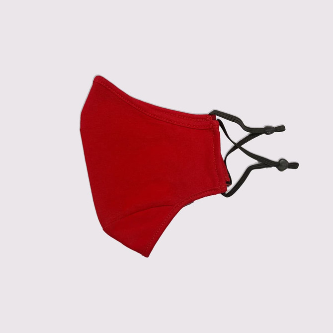 A red adult face mask with adjustable toggles and a three-layer design. It features a logo.