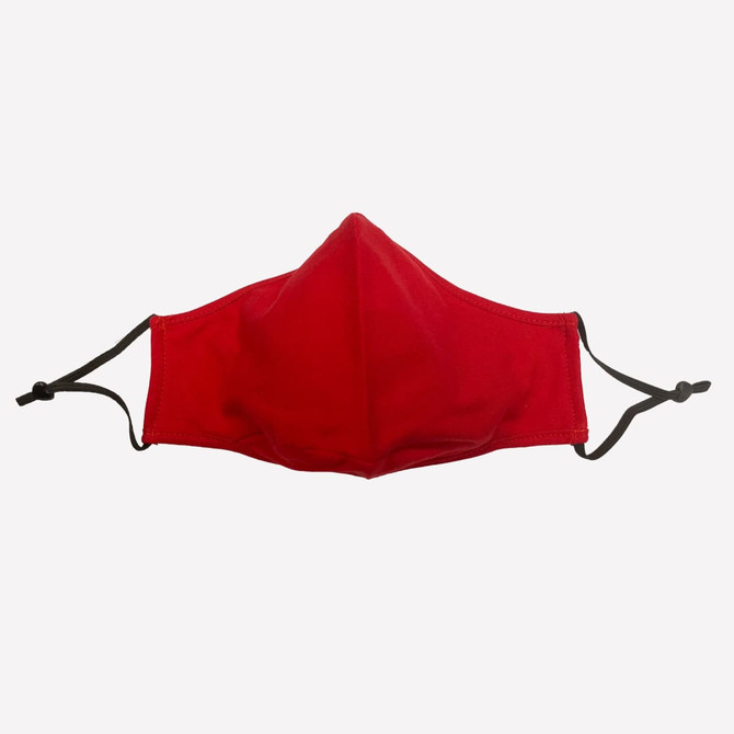 A red three-layer face mask with adjustable black toggle straps and a logo.