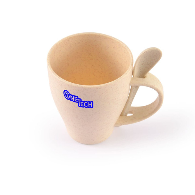 A drinkware cup in beige with a spoon attached, featuring a logo on its side.
