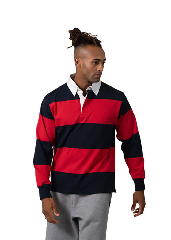 A men's unisex rugby polo in red and navy stripes with a white collar and a small logo on the chest.