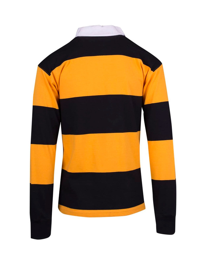 A unisex rugby polo in yellow and black stripes, featuring a collar and a logo.