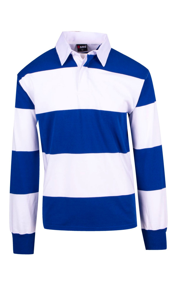 A blue and white striped rugby polo shirt with long sleeves and a collar, featuring a logo.