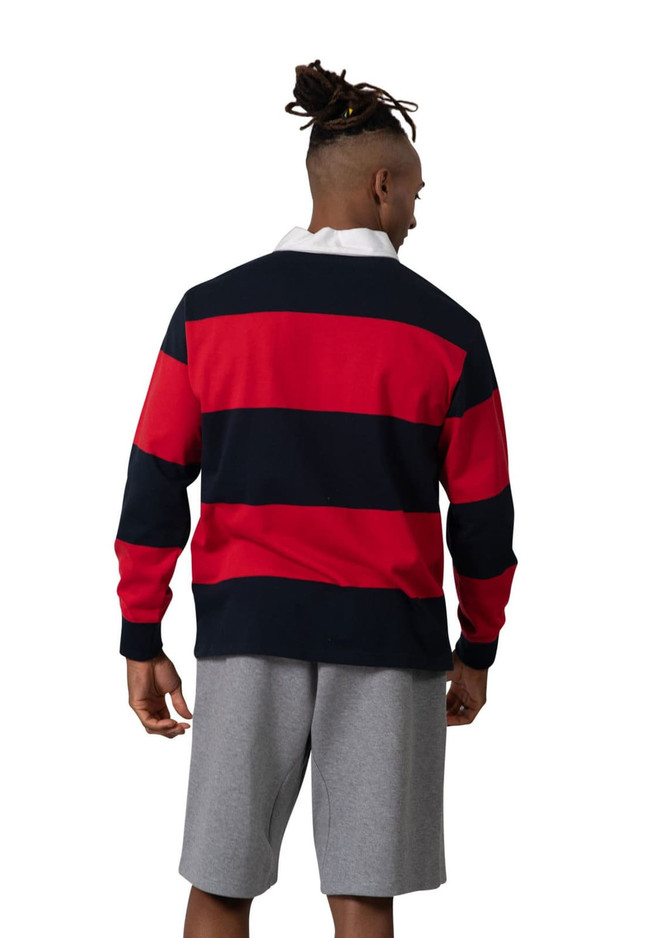 A men's unisex rugby polo in red and navy stripes, featuring a white collar and a logo on the front.