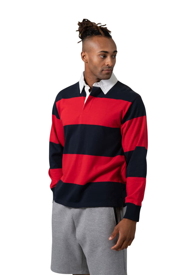 A men's unisex rugby polo in red and navy stripes, featuring a white collar and long sleeves. It has a logo on the chest.