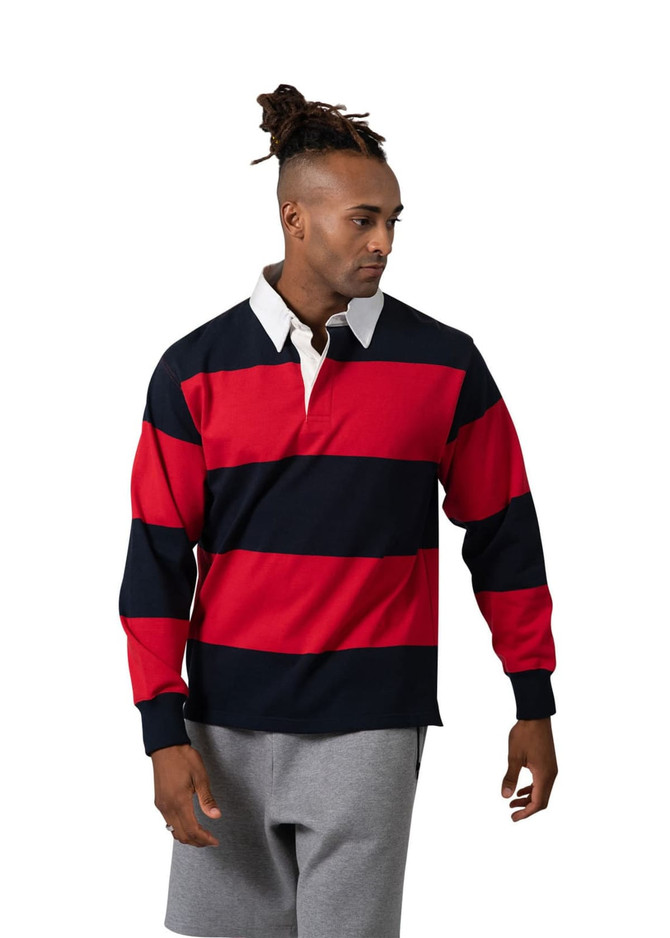 A rugby polo in red and navy stripes with a white collar, featuring a logo on the chest.