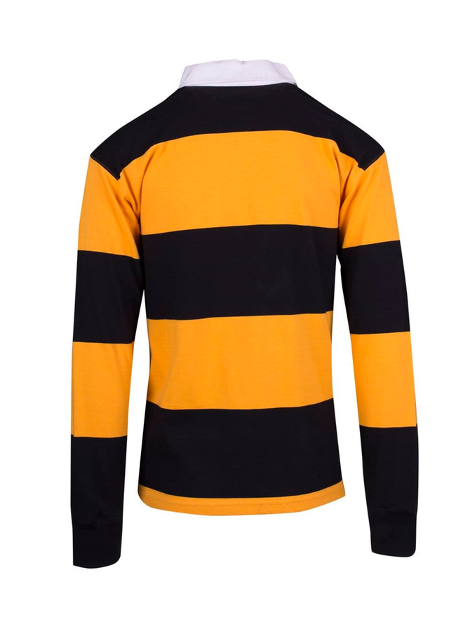 A unisex rugby polo featuring black and golden stripes, with a white collar and long sleeves. It has a logo on the front.