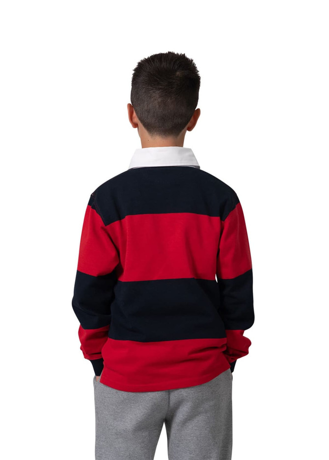 A rugby polo top in red and navy stripes, featuring a white collar, displayed on a child from the back.