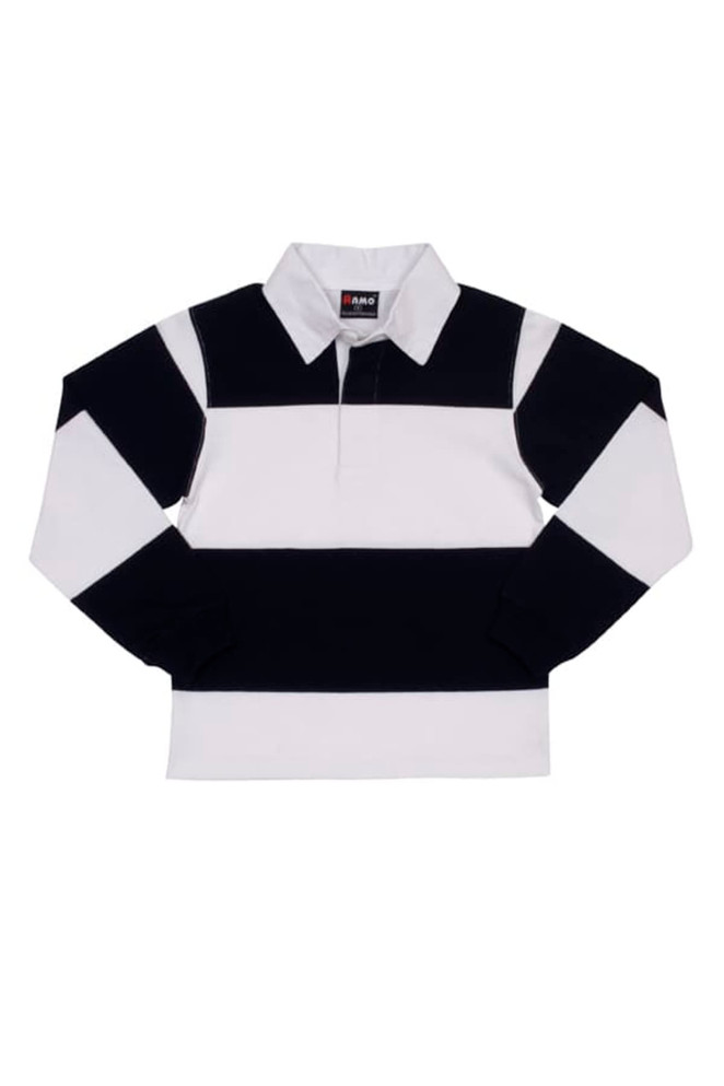 A kid's rugby polo top in black and white stripes with a collared neck and long sleeves. It features a logo.
