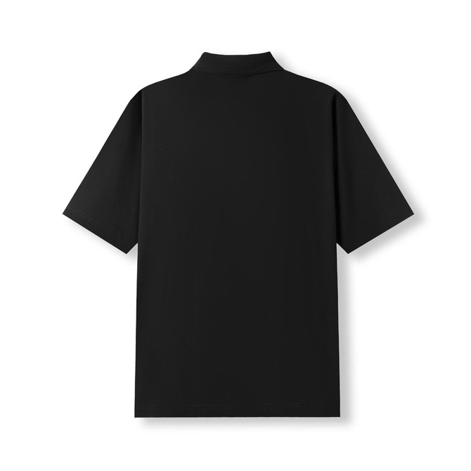 A black men's 100% cotton jersey polo shirt featuring a classic polo collar and a logo on the back.