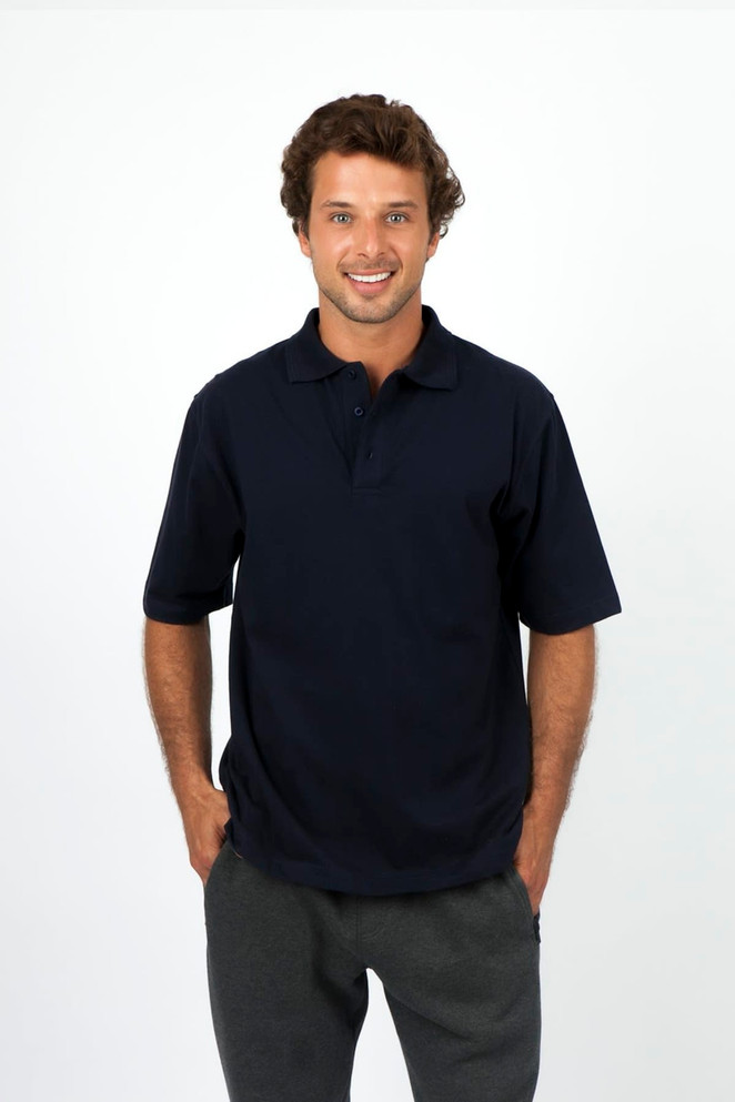 A man wearing a navy blue 100% cotton jersey polo shirt with a logo. He is smiling against a plain background.