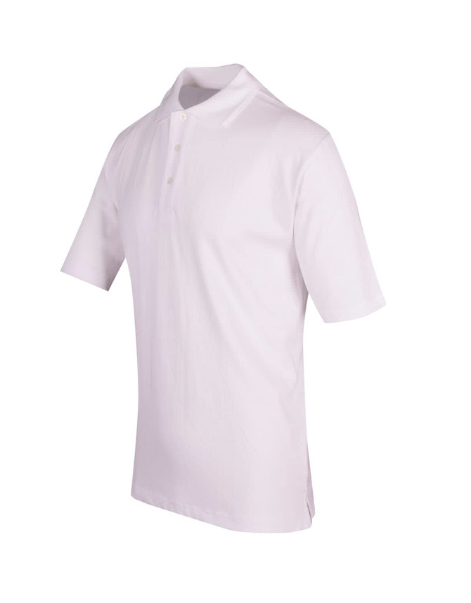 A white men's 100% cotton jersey polo shirt with a collar and short sleeves, featuring a logo.