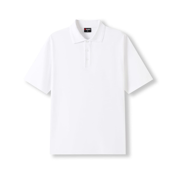 A white Men's 100% Cotton Jersey Polo shirt featuring a collar, short sleeves, and a logo on the chest.