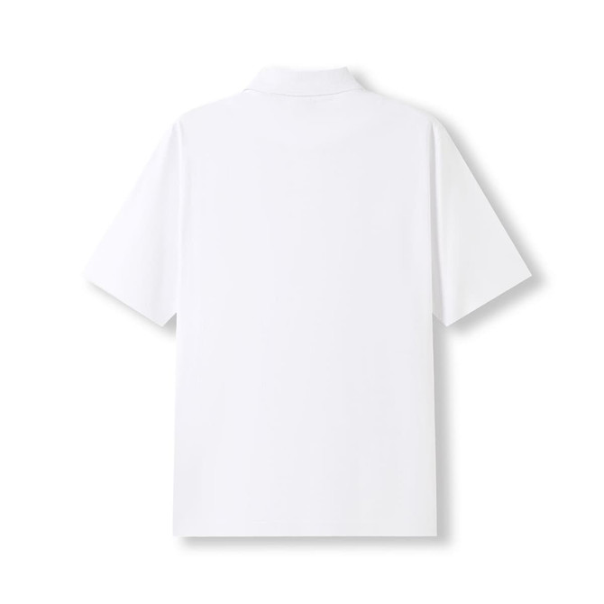 A white men's 100% cotton jersey polo shirt with short sleeves and a collar, featuring a branding logo.