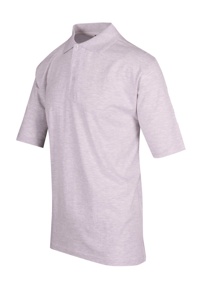 A light grey men's polo shirt made from 100% cotton jersey, featuring a collar and short sleeves.