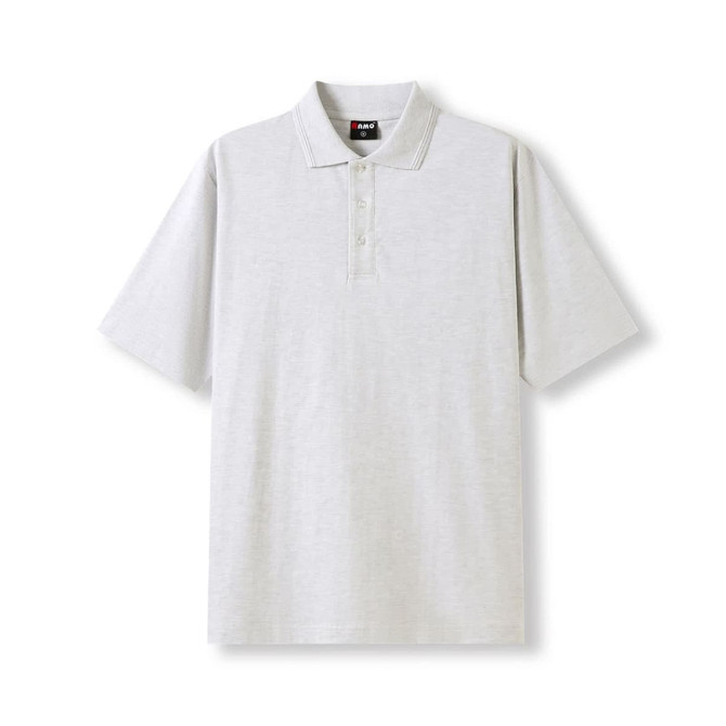 Light grey men's 100% cotton jersey polo shirt with a collar and short sleeves, featuring a logo.