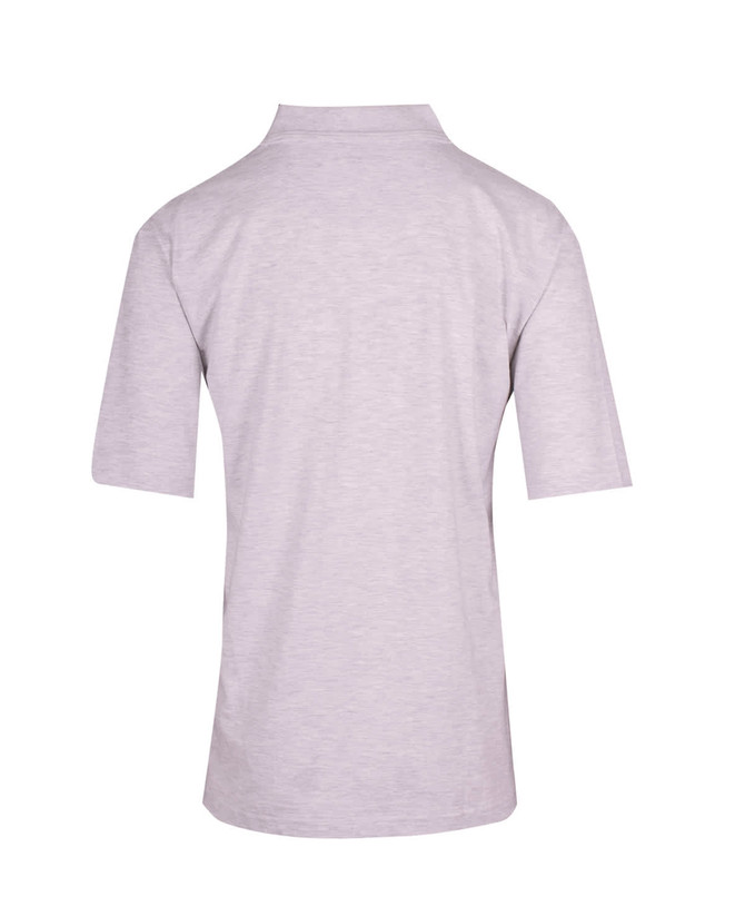 A grey men's 100% cotton jersey polo shirt with short sleeves and a collar, featuring a logo.