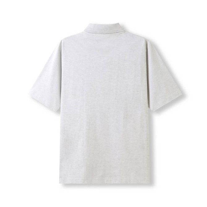 A grey men's 100% cotton jersey polo shirt with short sleeves and a collar, featuring a logo.
